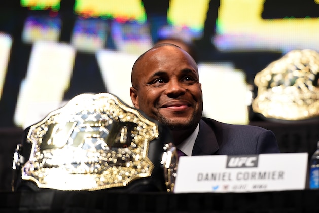 LAS VEGAS, NV - MARCH 04:  UFC light heavyweight champion Daniel Cormier interacts with media during the UFC Unstoppable launch press conference at the MGM Grand Garden Arena on March 4, 2016 in Las Vegas, Nevada. (Photo by Josh Hedges/Zuffa LLC/Zuffa LLC via Getty Images)