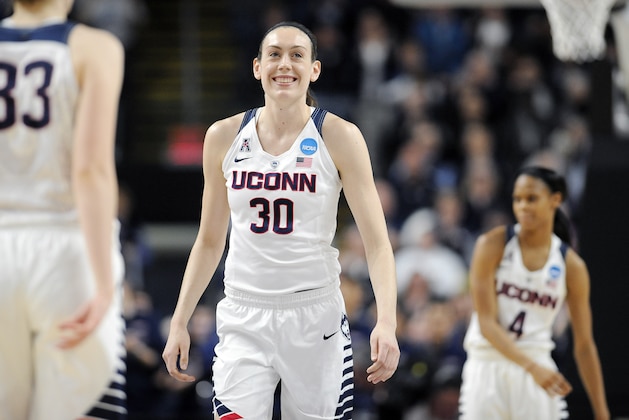 Connecticut’s Breanna Stewart reacts during the first half of an NCAA college basketball game against Texas in the regional final of the women's NCAA Tournament, Monday, March 28, 2016, in Bridgeport, Conn. (AP Photo/Jessica Hill)