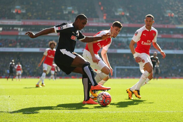 LONDON, ENGLAND - MARCH 13:  Odion Ighalo of Watford and Gabriel Paulista of Arsenal during the Emirates FA Cup match between Arsenal and Watford at the Emirates Stadium on March 13, 2016 in London, England.  (Photo by Catherine Ivill - AMA/Getty Images)