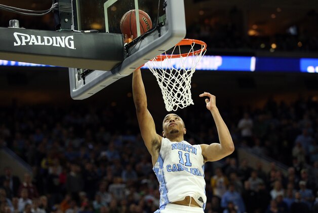 Mar 27, 2016; Philadelphia, PA, USA; North Carolina Tar Heels forward Brice Johnson (11) shoots against the Notre Dame Fighting Irish during the second half in the championship game in the East regional of the NCAA Tournament at Wells Fargo Center. Mandatory Credit: Bill Streicher-USA TODAY Sports