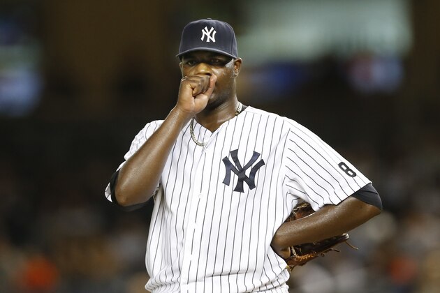 New York Yankees starting pitcher Michael Pineda reacts on the mound in the first inning of a baseball game against the Boston Red Sox in New York, Tuesday, Sept. 29, 2015. Pineda allowed six runs in the inning.  (AP Photo/Kathy Willens)