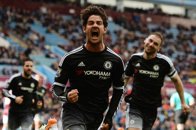 Chelsea's Brazilian striker Alexandre Pato celebrates after scoring from the penalty spot during the English Premier League football match between Aston Villa and Chelsea at Villa Park in Birmingham, central England on April 2, 2016. / AFP / OLI SCARFF / RESTRICTED TO EDITORIAL USE. No use with unauthorized audio, video, data, fixture lists, club/league logos or 'live' services. Online in-match use limited to 75 images, no video emulation. No use in betting, games or single club/league/player publications.  /         (Photo credit should read OLI SCARFF/AFP/Getty Images)