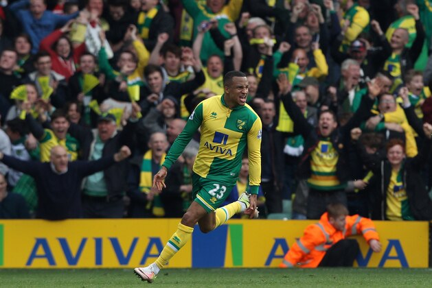Norwich Citys Swedish defender Martin Olsson after scoring to make it 3-2 during the English Premier League football match between Norwich City and Newcastle United at Carrow Road in Norwich, eastern England, on April 2, 2016.

 / AFP / LINDSEY PARNABY        (Photo credit should read LINDSEY PARNABY/AFP/Getty Images)