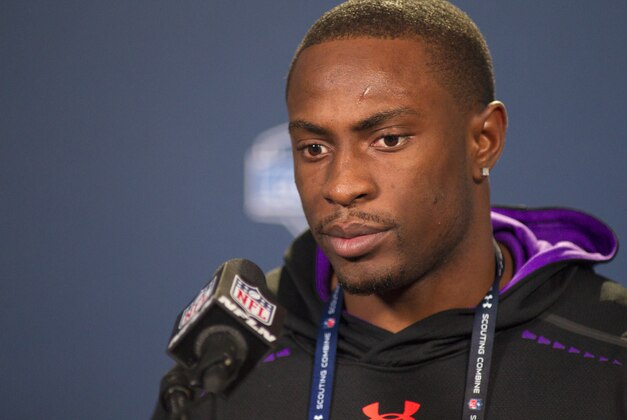 Feb 21, 2015; Indianapolis, IN, USA;  Oregon defensive back Ifo Ekpre-Olomu speaks to the media at the 2015 NFL Combine at Lucas Oil Stadium. Mandatory Credit: Trevor Ruszkowski-USA TODAY Sports