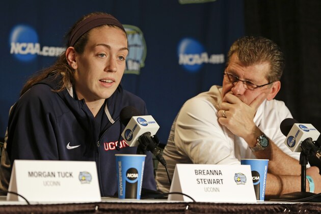 Connecticut forward Breanna Stewart, left,  answers a question as head coach Geno Auriemma listens, during a news conference at the NCAA Women's Final Four college basketball tournament, Monday, April 6, 2015, in Tampa, Fla.  Connecticut will play Notre Dame in the championship game on Tuesday. (AP Photo/John Raoux)