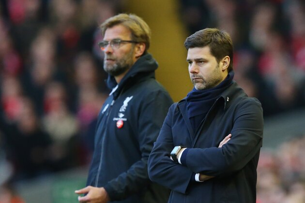 LIVERPOOL, ENGLAND - APRIL 02:  Jurgen Klopp, manager of Liverpool and Mauricio Pochettino Manager of Tottenham Hotspur look on during the Barclays Premier League match between Liverpool and Tottenham Hotspur at Anfield on April 2, 2016 in Liverpool, England.  (Photo by Alex Livesey/Getty Images)