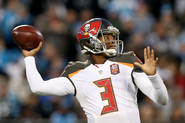 CHARLOTTE, NC - JANUARY 03:  Jameis Winston #3 of the Tampa Bay Buccaneers drops back to pass during their game against the Carolina Panthers at Bank of America Stadium on January 3, 2016 in Charlotte, North Carolina.  (Photo by Streeter Lecka/Getty Images)