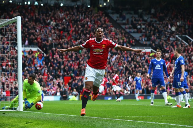 MANCHESTER, ENGLAND - APRIL 03:  Anthony Martial of Manchester United (9) celebrates as he scores their first goal during the Barclays Premier League match between Manchester United and Everton at Old Trafford on April 3, 2016 in Manchester, England.  (Photo by Alex Livesey/Getty Images)
