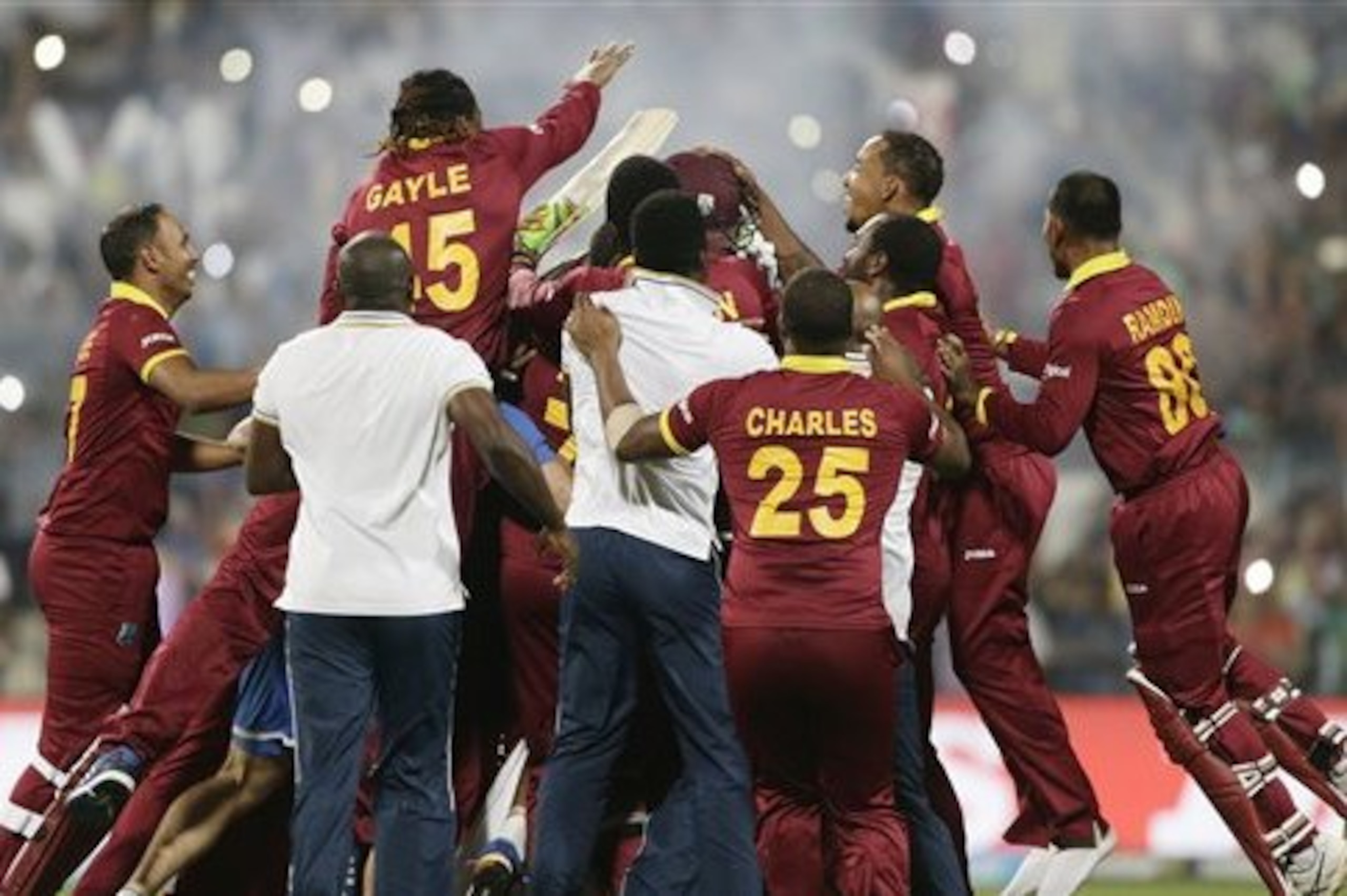 West Indies players celebrate after defeating England in the final of the ICC World Twenty20 2016 cricket tournament at Eden Gardens in Kolkata, India, Sunday, April 3, 2016. (AP Photo/Saurabh Das)