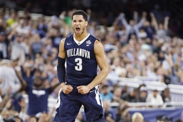 Villanova guard Josh Hart (3) reacts to a three-point shot against Oklahoma during the first half of the NCAA Final Four tournament college basketball semifinal game Saturday, April 2, 2016, in Houston. (AP Photo/Eric Gay)