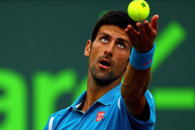 KEY BISCAYNE, FL - APRIL 03:  Novak Djokovic of Serbia plays in the Men's Final against Kei Nishikori of Japan during Day 14 of the Miami Open presented by Itau at Crandon Park Tennis Center on April 3, 2016 in Key Biscayne, Florida.  (Photo by Mike Ehrmann/Getty Images)
