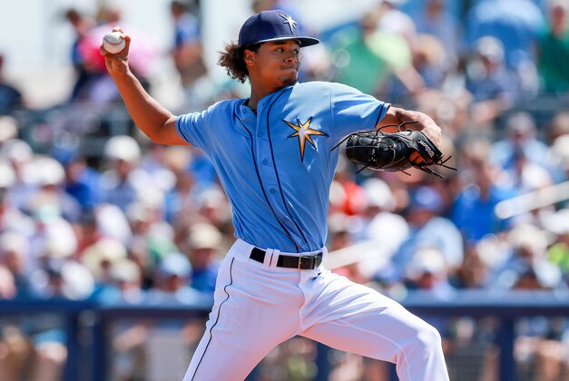 Mar 9, 2016; Port Charlotte, FL, USA; Tampa Bay Rays starting pitcher Chris Archer (22) throws a pitch during the first inning against the Toronto Blue Jays at Charlotte Sports Park. Mandatory Credit: Kim Klement-USA TODAY Sports