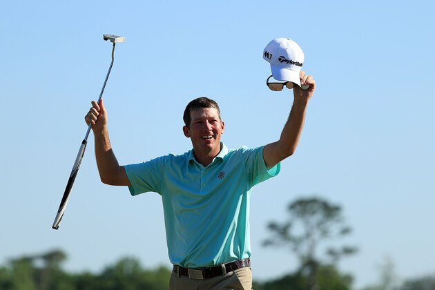 HUMBLE, TX - APRIL 03:  Jim Herman of the United States celebrates his victory on the 18th green during the final round of the Shell Houston Open at the Golf Club of Houstonon April 3, 2016 in Humble, Texas.  (Photo by Scott Halleran/Getty Images)