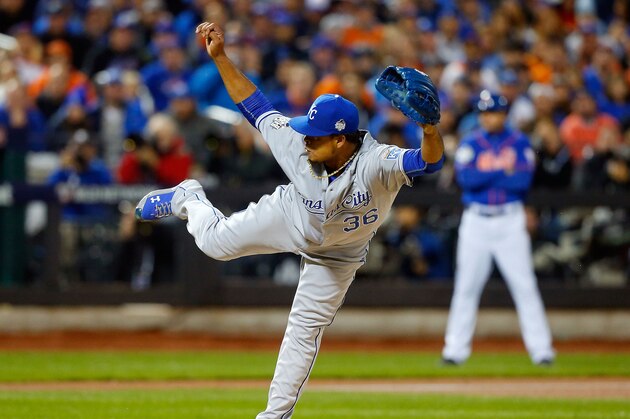 NEW YORK, NY - NOVEMBER 01:  (NEW YORK DAILIES OUT)    Edinson Volquez #36 of the Kansas City Royals in action against the New York Mets during game five of the 2015 World Series at Citi Field on November 1, 2015 in the Flushing neighborhood of the Queens borough of New York City. The Royals defeated the Mets 7-2.  (Photo by Jim McIsaac/Getty Images)