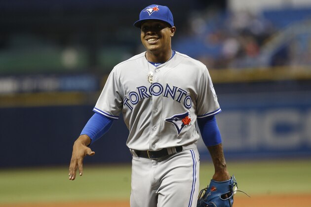 ST. PETERSBURG, FL - APRIL 3:  Pitcher Marcus Stroman #6 of the Toronto Blue Jays walks to the dugout after being taken off the mound by manager John Gibbons during the ninth inning of a game on April 3, 2016 at Tropicana Field in St. Petersburg, Florida.  (Photo by Brian Blanco/Getty Images)