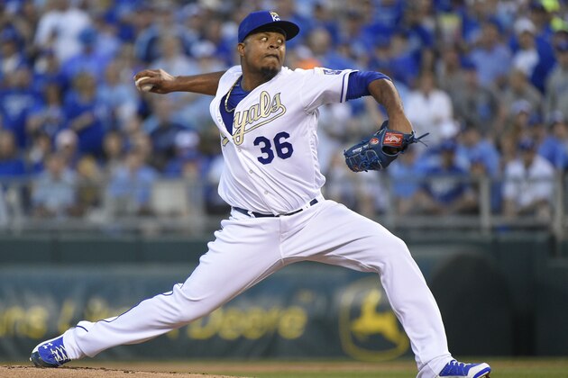 KANSAS CITY, MO - APRIL 3:  Edinson Volquez #36 of the Kansas City Royals pitches in the first inning against the New York Mets at Kauffman Stadium on April 3, 2016 in Kansas City, Missouri. (Photo by Ed Zurga/Getty Images)