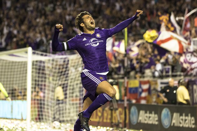 ORLANDO, FL - APRIL 3: Kaka #10 of Orlando City SC celebrates a goal in the second half during a game against the Portland Timbers at the Citrus Bowl on April 3, 2016 in Orlando, Florida. (Photo by Zachary Scheffer/Getty Images)