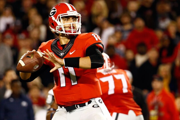 ATHENS, GA - NOVEMBER 21:  Greyson Lambert #11 of the Georgia Bulldogs throws a pass during the first half against the Georgia Southern Eagles at Sanford Stadium on November 21, 2015 in Athens, Georgia.  (Photo by Daniel Shirey/Getty Images)