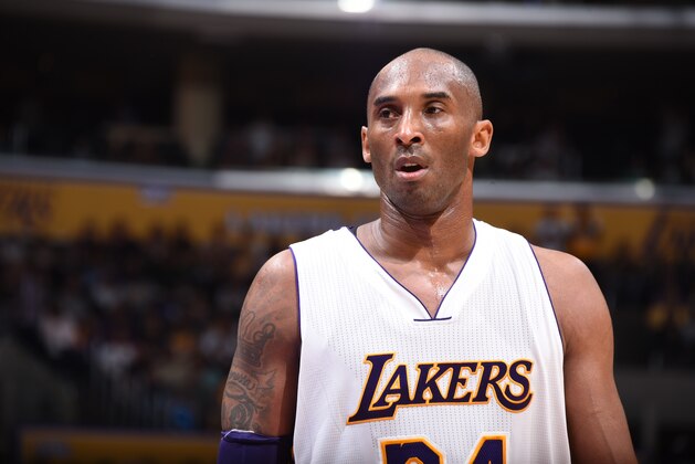 LOS ANGELES, CA - APRIL 3:  Kobe Bryant #24 of the Los Angeles Lakers during the game against the Boston Celtics on April 3, 2016 at STAPLES Center in Los Angeles, California. NOTE TO USER: User expressly acknowledges and agrees that, by downloading and/or using this Photograph, user is consenting to the terms and conditions of the Getty Images License Agreement. Mandatory Copyright Notice: Copyright 2016 NBAE (Photo by Andrew D. Bernstein/NBAE via Getty Images)