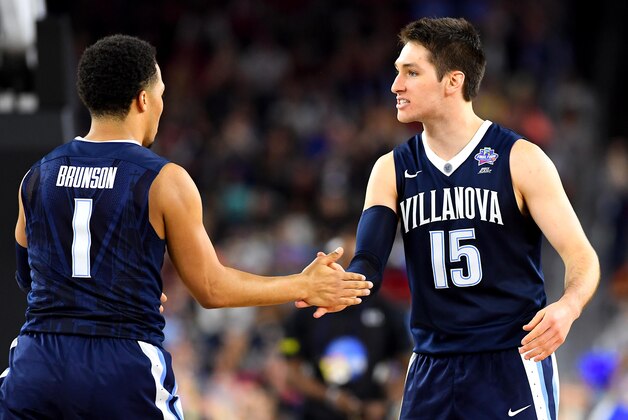 Apr 2, 2016; Houston, TX, USA; Villanova Wildcats guard Ryan Arcidiacono (15) celebrates with Villanova Wildcats guard Jalen Brunson (1) during the second half against the Oklahoma Sooners in the 2016 NCAA Men's Division I Championship semi-final game at NRG Stadium. Mandatory Credit: Bob Donnan-USA TODAY Sports