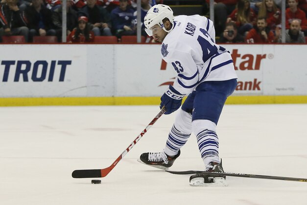 Toronto Maple Leafs' Nazem Kadri (43) seats toward the Detroit Red Wings goal during the first period of an NHL hockey game Sunday, March 13, 2016, in Detroit. (AP Photo/Duane Burleson)
