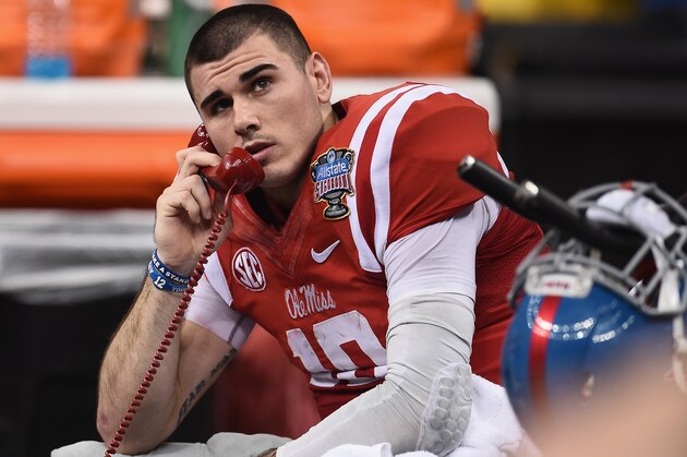 NEW ORLEANS, LA - JANUARY 01:  Quarterback Chad Kelly #10 of the Mississippi Rebels is seen on the bench during the game against the Oklahoma State Cowboys during the third quarter of the Allstate Sugar Bowl at Mercedes-Benz Superdome on January 1, 2016 in New Orleans, Louisiana.  (Photo by Stacy Revere/Getty Images)