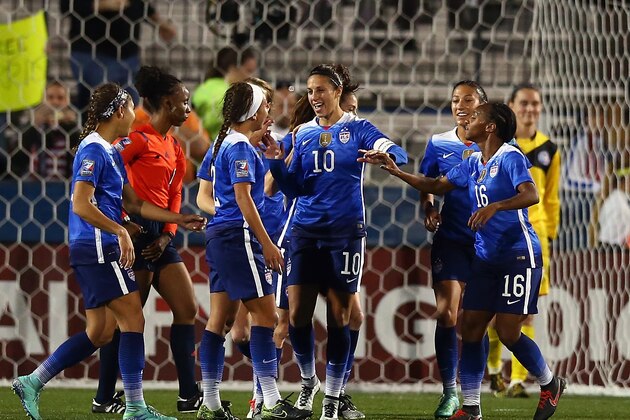FRISCO, TX - FEBRUARY 15:  Carli Lloyd #10 of USA celebrates her goal against Puerto Rico during CONCACAF Women's Olympic Qualifying at Toyota Stadium on February 15, 2016 in Frisco, Texas.  (Photo by Ronald Martinez/Getty Images)
