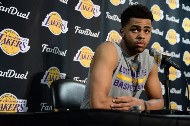 LOS ANGELES, CA - MARCH 30: D'Angelo Russell #1 of the Los Angeles Lakers at a pregame press conference before the game against the Miami Heat  on March 30, 2016 at STAPLES Center in Los Angeles, California. NOTE TO USER: User expressly acknowledges and agrees that, by downloading and/or using this Photograph, user is consenting to the terms and conditions of the Getty Images License Agreement. Mandatory Copyright Notice: Copyright 2016 NBAE (Photo by Andrew D. Bernstein/NBAE via Getty Images)