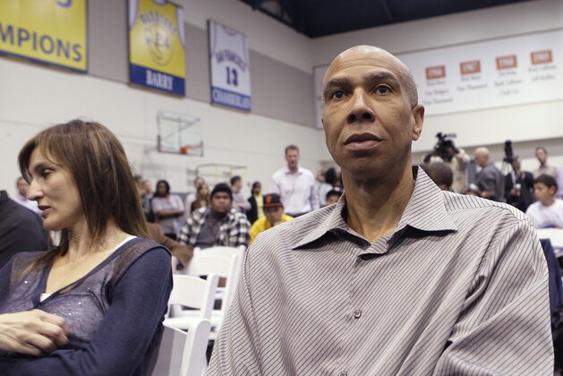 Former NBA basketball player Mychal Thompson, right, father of Golden State Warriors draft pick Klay Thompson, is  photographed at a news conference in Oakland, Calif., Monday, June 27, 2011. (AP Photo/Jeff Chiu)