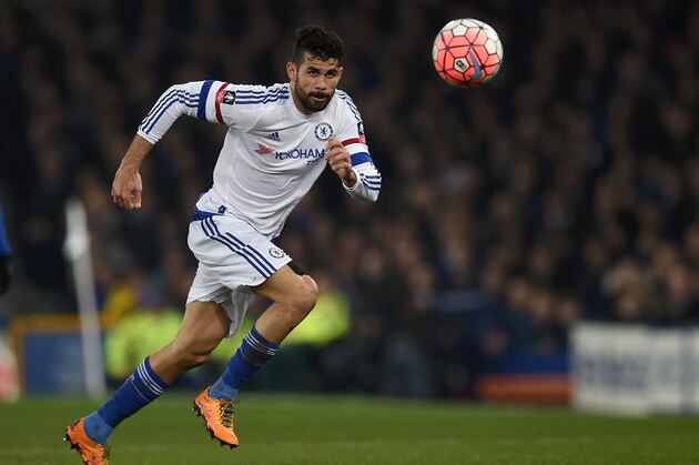 Chelsea's Brazilian-born Spanish striker Diego Costa chases the ball during the English FA cup quarter-final football match between Everton and Chelsea at Goodison Park in Liverpool, north west England on March 12, 2016. / AFP / Paul ELLIS / RESTRICTED TO EDITORIAL USE. No use with unauthorized audio, video, data, fixture lists, club/league logos or 'live' services. Online in-match use limited to 75 images, no video emulation. No use in betting, games or single club/league/player publications.  /         (Photo credit should read PAUL ELLIS/AFP/Getty Images)