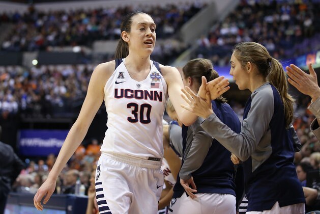 INDIANAPOLIS, IN - APRIL 03: Breanna Stewart #30 of the Connecticut Huskies celebrates with teammates in the fourth quarter against the Oregon State Beavers during the semifinals of the 2016 NCAA Women's Final Four Basketball Championship at Bankers Life Fieldhouse on April 3, 2016 in Indianapolis, Indiana.  (Photo by Andy Lyons/Getty Images)