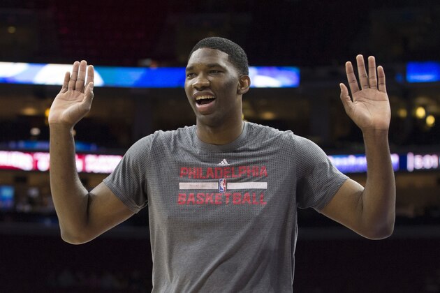 PHILADELPHIA, PA - JANUARY 10: Joel Embiid #21 of the Philadelphia 76ers reacts during warm ups prior to the game against the Cleveland Cavaliers on January 10, 2016 at the Wells Fargo Center in Philadelphia, Pennsylvania. NOTE TO USER: User expressly acknowledges and agrees that, by downloading and or using this photograph, User is consenting to the terms and conditions of the Getty Images License Agreement. (Photo by Mitchell Leff/Getty Images)