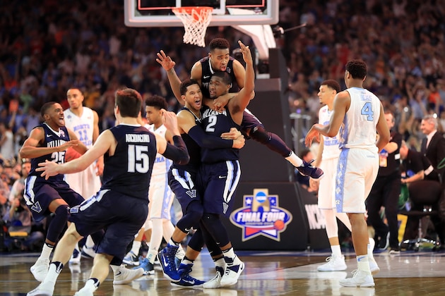 HOUSTON, TEXAS - APRIL 04:  Kris Jenkins #2 of the Villanova Wildcats celebrates after making the game-winning three pointer to defeat the North Carolina Tar Heels 77-74 in the 2016 NCAA Men's Final Four National Championship game at NRG Stadium on April 4, 2016 in Houston, Texas.  (Photo by Ronald Martinez/Getty Images)