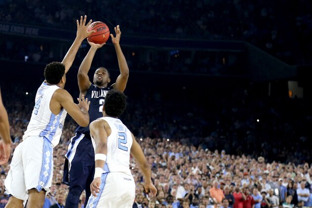HOUSTON, TEXAS - APRIL 04:  Kris Jenkins #2 of the Villanova Wildcats shoots the game-winning three pointer to defeat the North Carolina Tar Heels 77-74 in the 2016 NCAA Men's Final Four National Championship game at NRG Stadium on April 4, 2016 in Houston, Texas.  (Photo by Streeter Lecka/Getty Images)