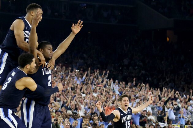 HOUSTON, TEXAS - APRIL 04:  Kris Jenkins #2 of the Villanova Wildcats celebrates wth teammates after making the game-winning three pointer to defeat the North Carolina Tar Heels 77-74 in the 2016 NCAA Men's Final Four National Championship game at NRG Stadium on April 4, 2016 in Houston, Texas.  (Photo by Streeter Lecka/Getty Images)