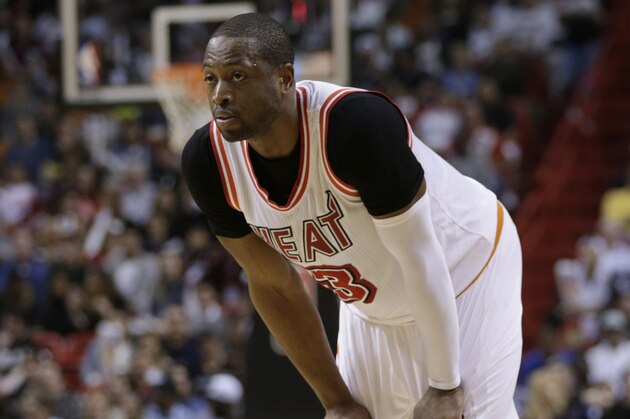 Miami Heat guard Dwyane Wade (3) stands on the court during the second half of an NBA basketball game Los Angeles Clippers, Sunday, Feb. 7, 2016, in Miami. The Clippers defeated the Heat 100-93. (AP Photo/Lynne Sladky)