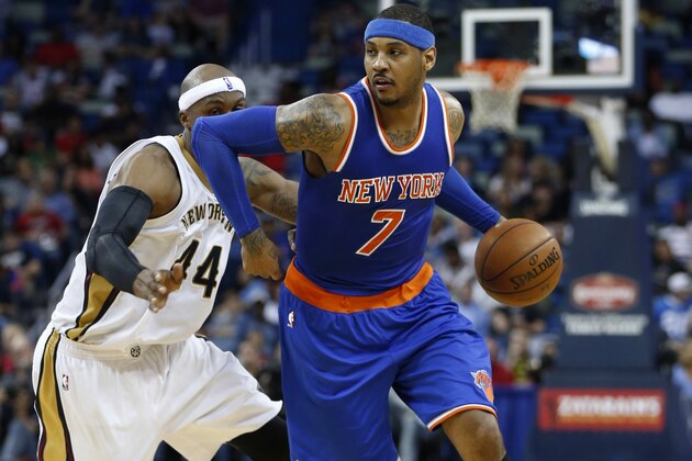 New York Knicks forward Carmelo Anthony (7) drives to the basket past New Orleans Pelicans forward Dante Cunningham (44) in the second half of an NBA basketball game in New Orleans, Monday, March 28, 2016. The Pelicans won 99-91. (AP Photo/Gerald Herbert) New York Knicks forward Carmelo Anthony (7) drives to the basket past New Orleans Pelicans forward Dante Cunningham (44) in the second half of an NBA basketball game in New Orleans, Monday, March 28, 2016. The Pelicans won 99-91. (AP Photo/Gerald Herbert)
