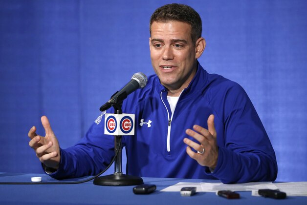 Theo Epstein, President of Baseball Operations for the Chicago Cubs, talks to reporters the day after his ball club was eliminated in the NLCS by the New York Mets. Thursday, Oct. 22, 2015, in Chicago. (AP Photo/Charles Rex Arbogast)