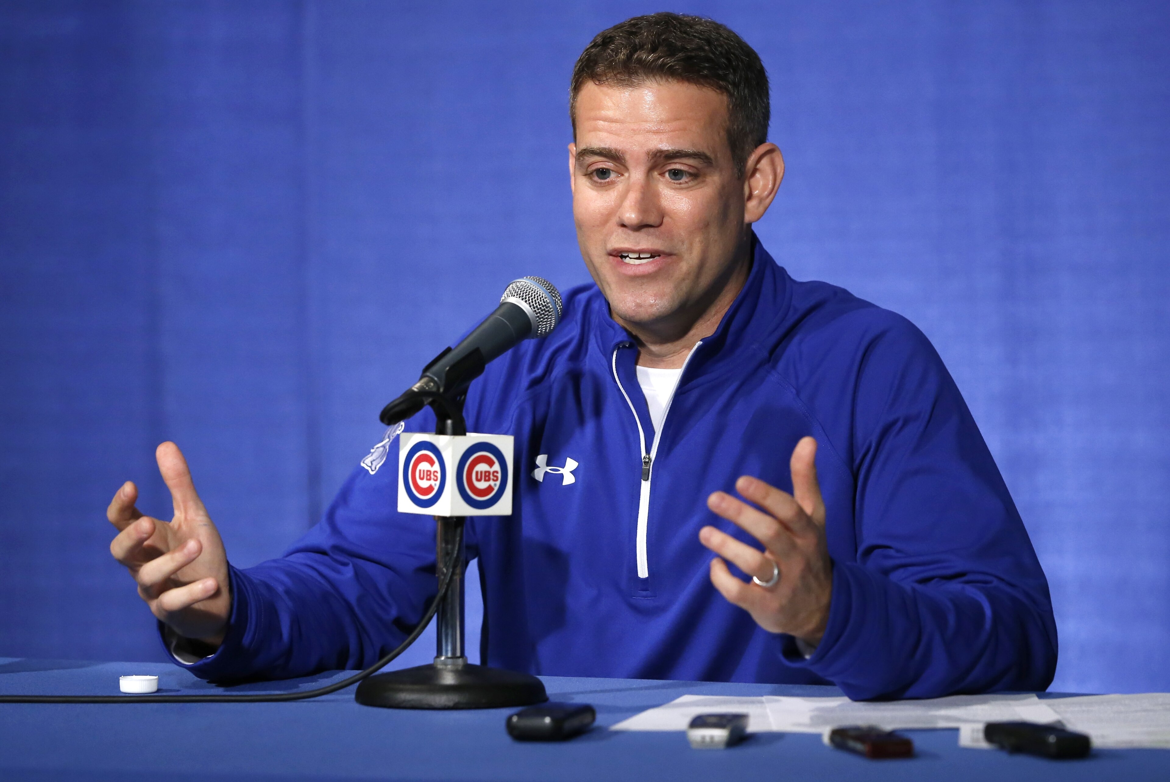 Theo Epstein, President of Baseball Operations for the Chicago Cubs, talks to reporters the day after his ball club was eliminated in the NLCS by the New York Mets. Thursday, Oct. 22, 2015, in Chicago. (AP Photo/Charles Rex Arbogast) Theo Epstein, President of Baseball Operations for the Chicago Cubs, talks to reporters the day after his ball club was eliminated in the NLCS by the New York Mets. Thursday, Oct. 22, 2015, in Chicago. (AP Photo/Charles Rex Arbogast)