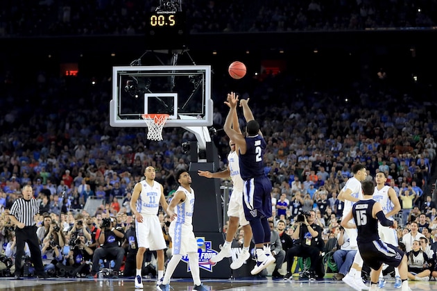 HOUSTON, TEXAS - APRIL 04:  Kris Jenkins #2 of the Villanova Wildcats shoots the game-winning three pointer to defeat the North Carolina Tar Heels 77-74 in the 2016 NCAA Men's Final Four National Championship game at NRG Stadium on April 4, 2016 in Houston, Texas.  (Photo by Ronald Martinez/Getty Images)