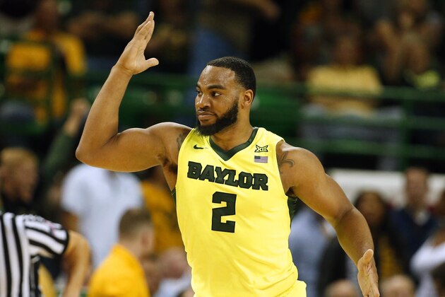 Baylor forward Rico Gathers reacts to a 3-point play against West Virginia in the first half of an NCAA college basketball game, Saturday, March 5, 2016, in Waco, Texas. (AP Photo/Rod Aydelotte)