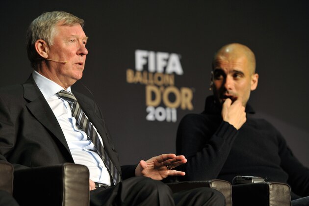 Nominees for the 2011 FIFA Men’s Football Coach of the Year, Alex Ferguson (L) of Manchester United and Pep Guardiola of Barcelona attend a press conference on January 9, 2012 before the FIFA Ballon d'Or award ceremony in Zurich.    AFP PHOTO / FABRICE COFFRINI (Photo credit should read FABRICE COFFRINI/AFP/Getty Images)