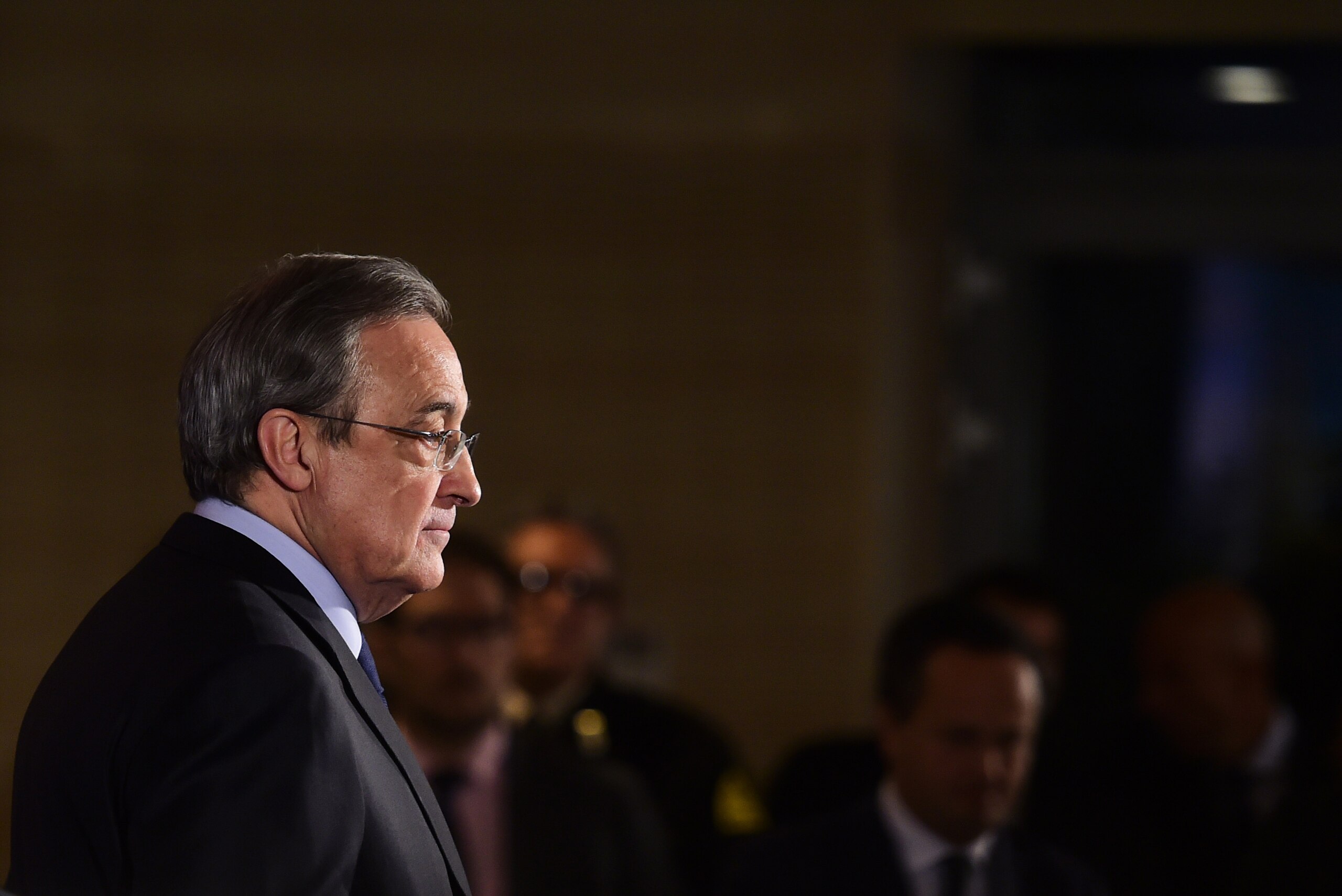 Real Madrid's president Florentino Perez looks on after a press conference at the Santiago Bernabeu stadium in Madrid on December 3, 2015, a day after the team fielded a suspended player during a match against Cadiz. Real Madrid edged closer to the Spanish Cup exit door today after third divison Cadiz appealed their midweek cup defeat because the capital giants had inadvertently fielded Russian international Denis Cheryshev, a move that last season saw second division Osasuna booted out of the cup in an almost identical case.   AFP PHOTO/ PIERRE-PHILIPPE MARCOU / AFP / PIERRE-PHILIPPE MARCOU        (Photo credit should read PIERRE-PHILIPPE MARCOU/AFP/Getty Images)