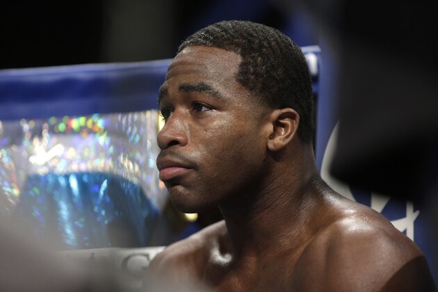 Adrien Broner sits in his corner during his WBA super lightweight title boxing fight against Carlos Molina Saturday, May 3, 2014, in Las Vegas. (AP Photo/Isaac Brekken)