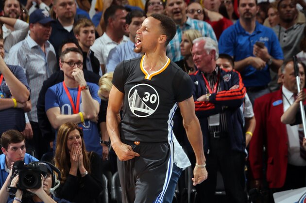 OKLAHOMA CITY, OK - FEBRUARY 27:  Stephen Curry #30 of the Golden State Warriors celebrates after hitting the game winning shot against the Oklahoma City Thunder on February 27, 2016 at the Chesapeake Energy Arena in Oklahoma City, Oklahoma. NOTE TO USER: User expressly acknowledges and agrees that, by downloading and or using this Photograph, user is consenting to the terms and conditions of the Getty Images License Agreement. Mandatory Copyright Notice: Copyright 2016 NBAE (Photo by Layne Murdoch/NBAE via Getty Images)