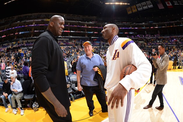 LOS ANGELES, CA - NOVEMBER 16: Former NBA player Shaquille O'Neal and Kobe Bryant #24 of the Los Angeles Lakers before the game against the Golden State Warriors on November 16, 2014 at Staples Center in Los Angeles, California. NOTE TO USER: User expressly acknowledges and agrees that, by downloading and or using this Photograph, user is consenting to the terms and conditions of the Getty Images License Agreement. Mandatory Copyright Notice: Copyright 2014 NBAE (Photo by Andrew D. Bernstein/NBAE via Getty Images) LOS ANGELES, CA - NOVEMBER 16: Former NBA player Shaquille O'Neal and Kobe Bryant #24 of the Los Angeles Lakers before the game against the Golden State Warriors on November 16, 2014 at Staples Center in Los Angeles, California. NOTE TO USER: User expressly acknowledges and agrees that, by downloading and or using this Photograph, user is consenting to the terms and conditions of the Getty Images License Agreement. Mandatory Copyright Notice: Copyright 2014 NBAE (Photo by Andrew D. Bernstein/NBAE via Getty Images)