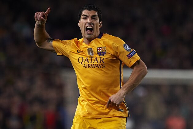 BARCELONA, SPAIN - APRIL 05:  Luis Suarez of Barcelona reacts during the UEFA Champions League Quarter Final first leg match between FC Barcelona and Atletico de Madrid at Camp Nou on April 5, 2016 in Barcelona, Spain.  (Photo by Manuel Queimadelos Alonso/Getty Images)
