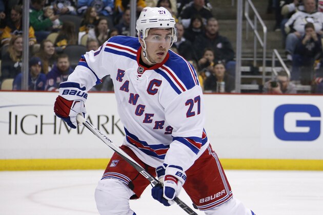 New York Rangers defenseman Ryan McDonagh (27) plays during an NHL hockey game against the Pittsburgh Penguins in Pittsburgh, Thursday, March 3, 2016. (AP Photo/Gene J. Puskar)