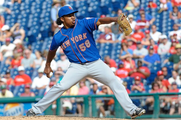 Aug 10, 2014; Philadelphia, PA, USA; New York Mets relief pitcher Jenrry Mejia (58) throws a pitch in the ninth inning against the Philadelphia Phillies at Citizens Bank Park. The Phillies defeated the Mets, 7-6. Mandatory Credit: Eric Hartline-USA TODAY Sports