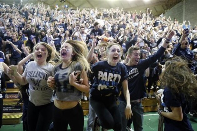 Villanova basketball fans celebrate after Villanova defeated North Carolina in the NCAA Final Four tournament college basketball championship game, Monday, April 4, 2016, in Villanova, Pa. Villanova won 77-74. (AP Photo/Matt Rourke) Villanova basketball fans celebrate after Villanova defeated North Carolina in the NCAA Final Four tournament college basketball championship game, Monday, April 4, 2016, in Villanova, Pa. Villanova won 77-74. (AP Photo/Matt Rourke)